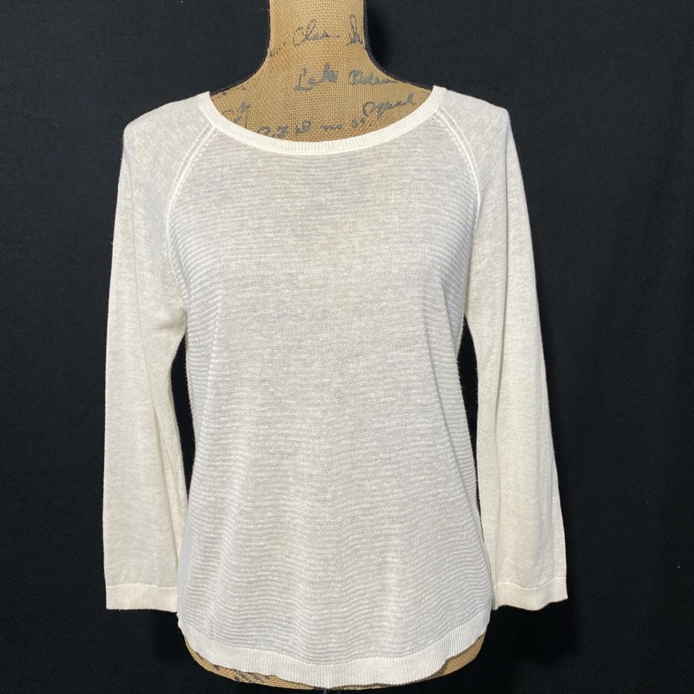 AVEC Sweater MED Ivory Cream Linen Bl Micro Rib Lightweight Knit 3/4 Sl Top